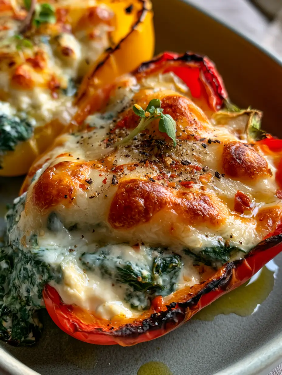 Spinach and Ricotta Stuffed Peppers with a Toasted Parmesan Crust 3 Extreme close-up of Spinach and Ricotta Stuffed Peppers showing melted mozzarella with golden-brown patches and charred pepper rims.