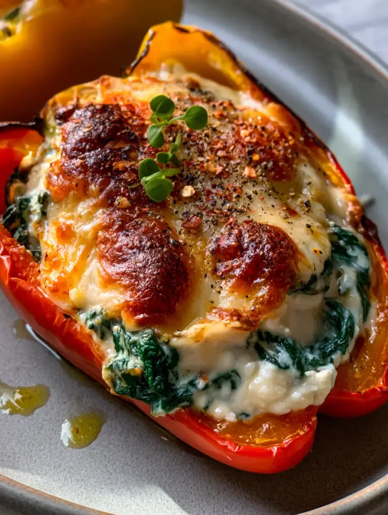 Spinach and Ricotta Stuffed Peppers with a Toasted Parmesan Crust 1 Handheld photo of roasted yellow bell pepper stuffed with creamy ricotta and emerald green spinach, finished with red pepper flakes.