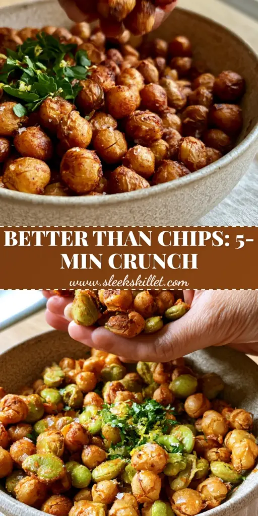Crunchy Snack Recipe: Ultra-Crispy Roasted Chickpeas and Edamame 4 A top-down view of ultra-crispy roasted chickpeas and edamame in a ceramic bowl, featuring blistered skins and a dusting of smoked paprika. (crunchy snack recipe)