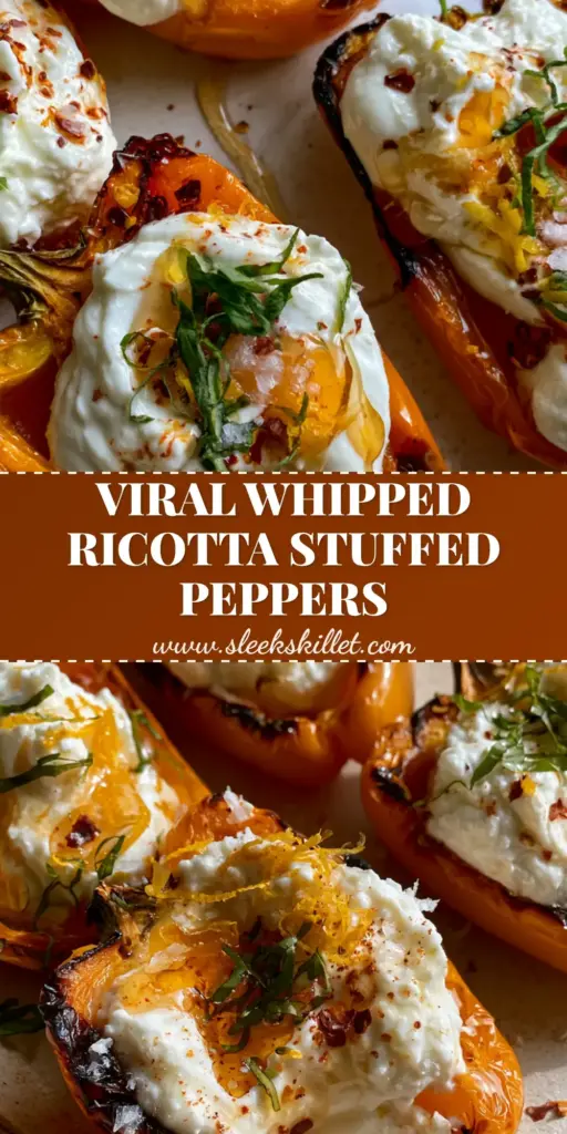 Ricotta Stuffed Peppers with Hot Honey and Blistered Skins 4 A close-up vertical shot of blistered Ricotta Stuffed Peppers topped with hot honey and basil, ready for Pinterest.