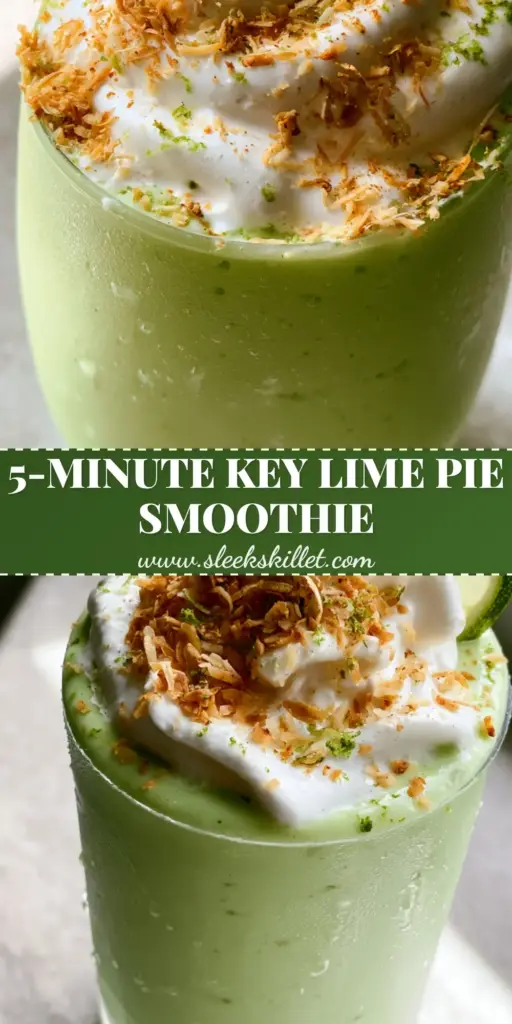 Coconut Key Lime Pie Smoothie: A Creamy Tropical Protein Shake 4 A thick, pale green coconut key lime pie smoothie in a frosted glass with whipped cream and toasted coconut toppings.