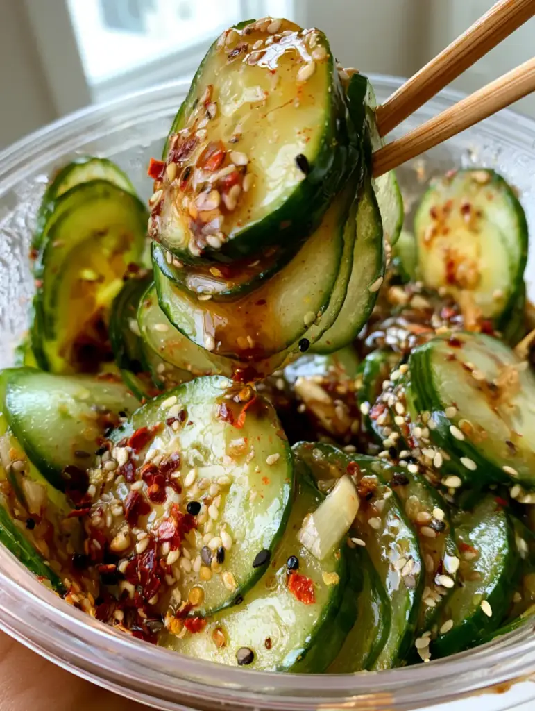 Viral Cucumber Salad: The Ultimate Deli Container Recipe for Crunchy Success 2 Close up of wooden chopsticks lifting a cluster of paper-thin cucumber slices dripping with glossy soy dressing. (viral cucumber salad)