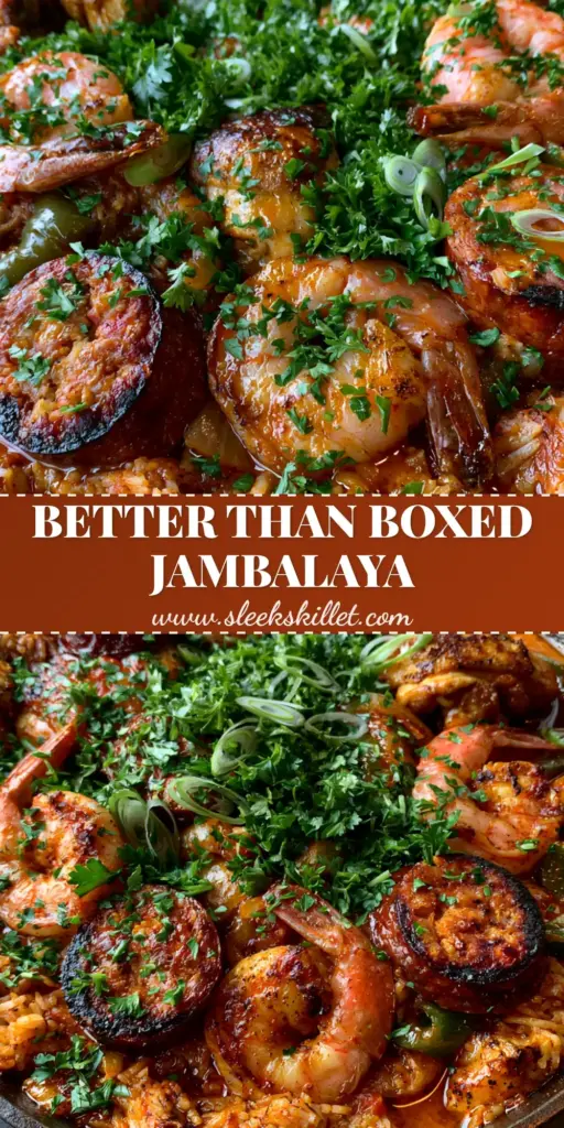 Jambalaya: The Ultimate One-Pot Creole Skillet with Seared Shrimp and Smoked Sausage 4 A steaming rustic cast iron skillet filled with authentic Jambalaya featuring charred andouille sausage, pink shrimp, and fluffy reddish-gold rice.