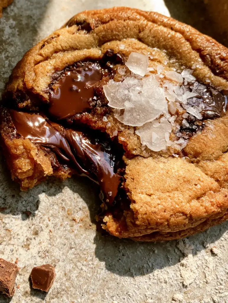 Brown Sugar Chocolate Chip Cookies with Gooey Centers and Rippled Edges 1 Detailed view of the rippled crinkle-top surface of brown sugar chocolate chip cookies with sea salt flakes.