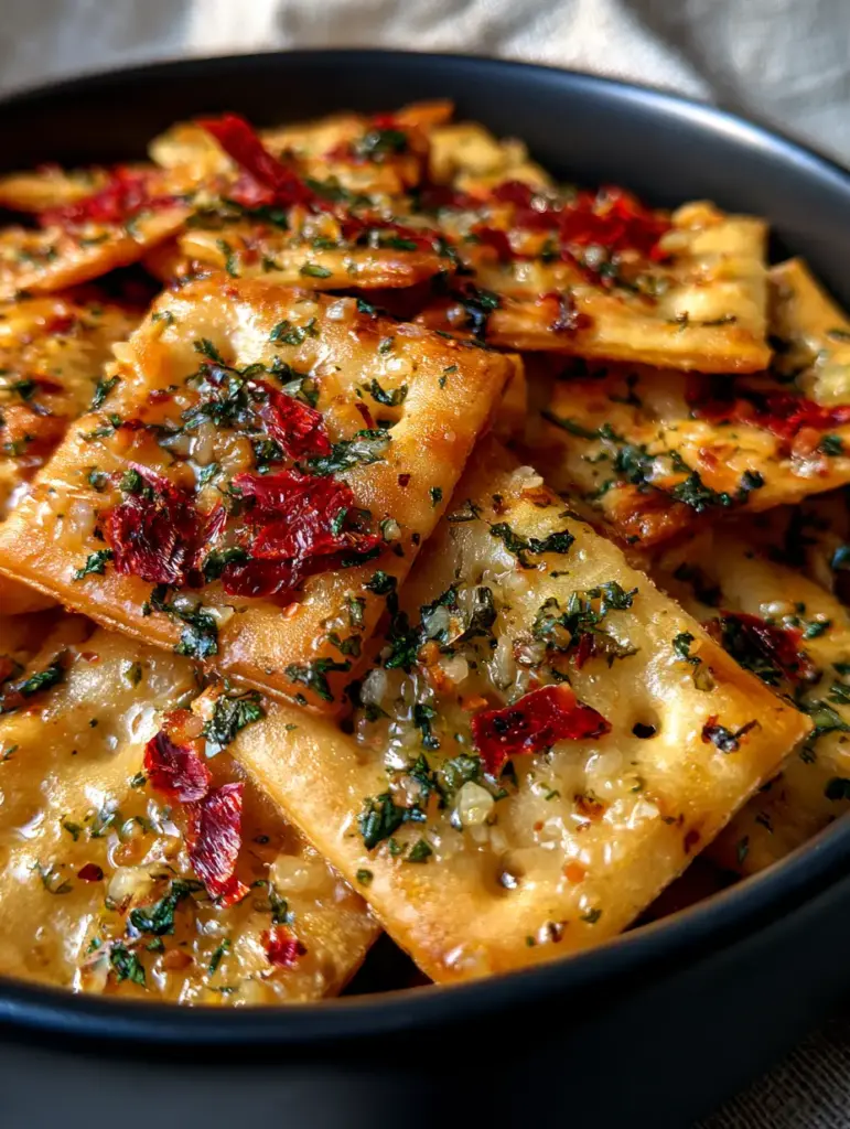 Salty Snack Recipes: The Ultimate Spicy Seasoned Saltine Crackers 2 Extreme macro close-up of square saltine crackers with a shimmering oil coat, red pepper flakes, and emerald parsley. (salty snack recipes)