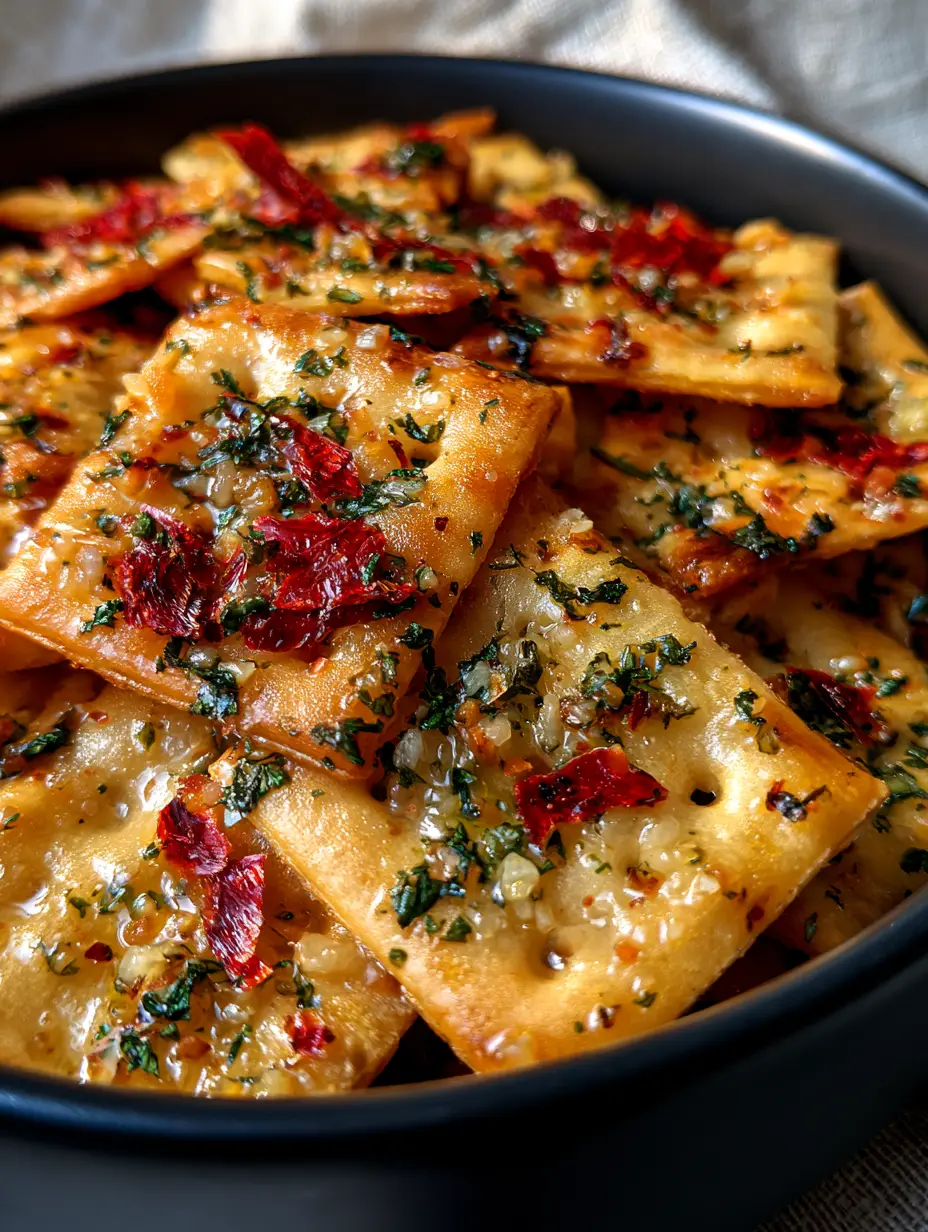 Salty Snack Recipes: The Ultimate Spicy Seasoned Saltine Crackers 3 Extreme macro close-up of square saltine crackers with a shimmering oil coat, red pepper flakes, and emerald parsley. (salty snack recipes)