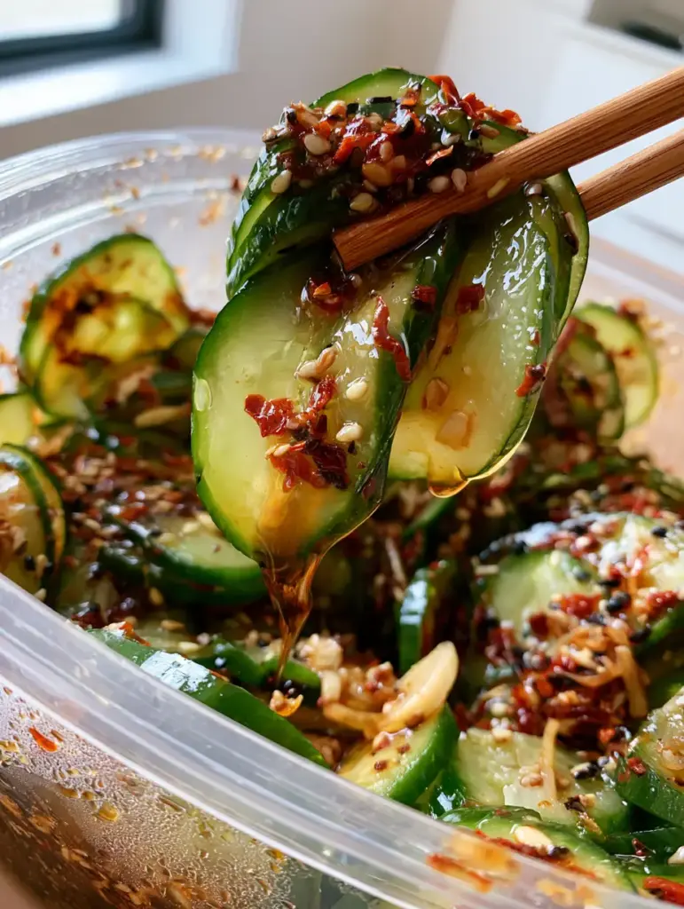 Viral Cucumber Salad: The Ultimate Deli Container Recipe for Crunchy Success 1 Side view of a clear deli container showing thin cucumber slices pressed against the plastic with condensation and sesame seeds.