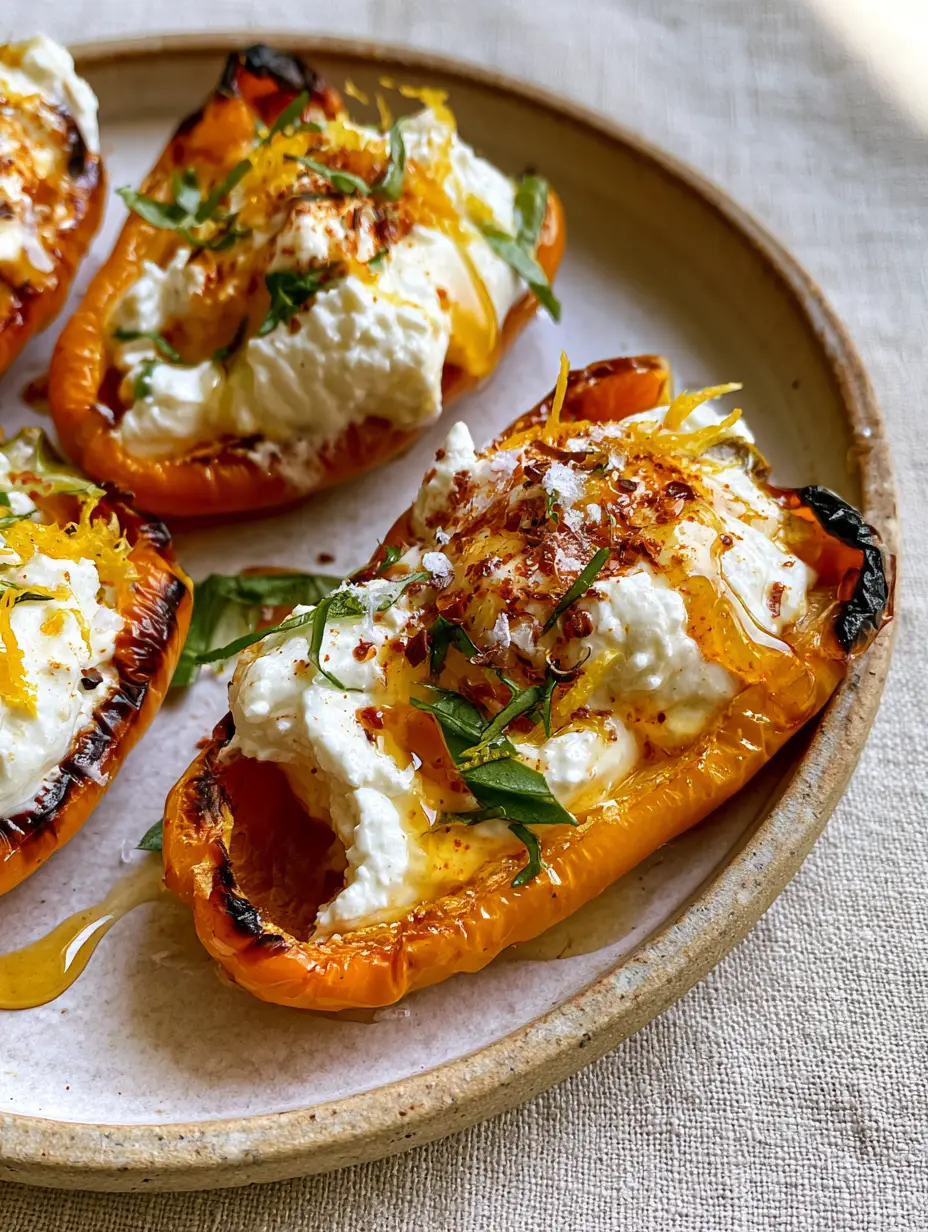 Ricotta Stuffed Peppers with Hot Honey and Blistered Skins 3 Halved mini sweet peppers perfectly blistered and charred, overflowing with cloud-like whipped white ricotta cheese. (Ricotta Stuffed Peppers)