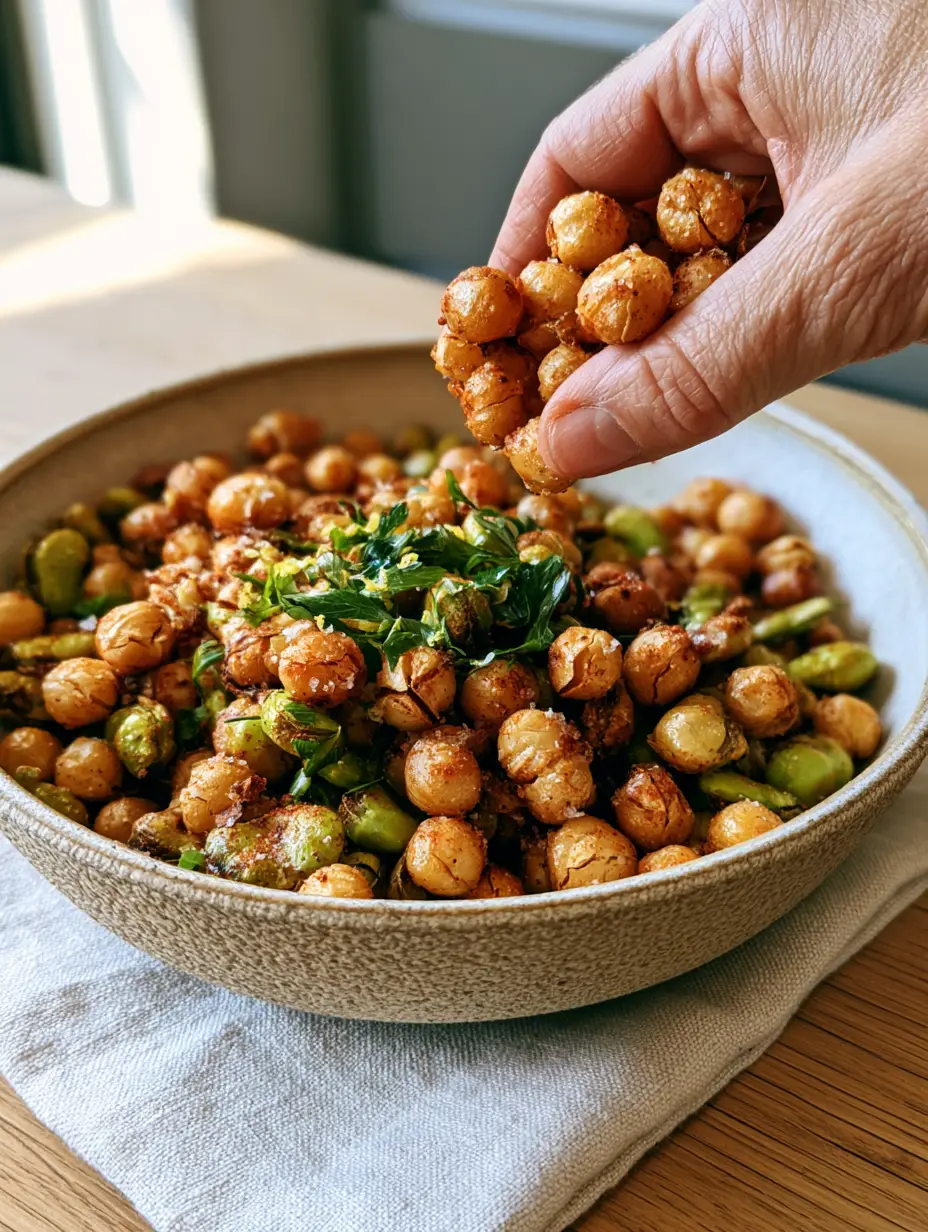 Crunchy Snack Recipe: Ultra-Crispy Roasted Chickpeas and Edamame 3 A hand picking up a handful of golden-brown roasted chickpeas and edamame from a textured bowl. (crunchy snack recipe)