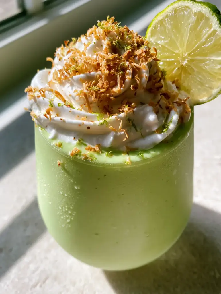 High-angle close-up of a coconut key lime pie smoothie showing velvet texture and lime zest.
