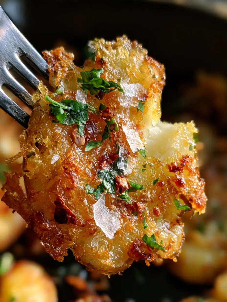 Potato Side Dishes: The Ultimate Crispy Garlic Parmesan Smashed Potatoes 3 Extreme macro close-up of a golden smashed potato being lifted by a fork, showing glass-like crispy edges and a fluffy white center. (potato side dishes)