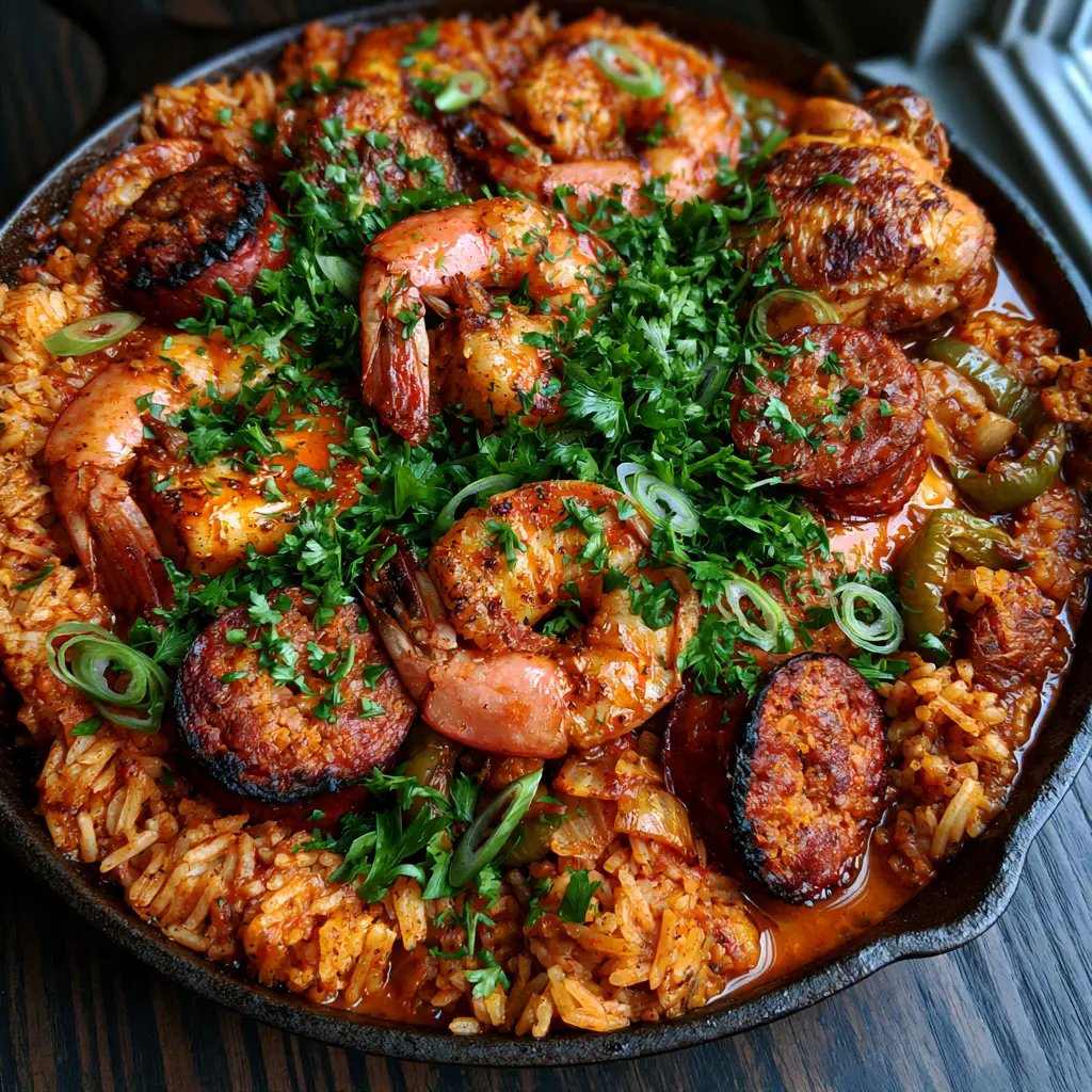Jambalaya: The Ultimate One-Pot Creole Skillet with Seared Shrimp and Smoked Sausage 2 High-angle smartphone photo of a steaming rustic cast iron skillet filled with authentic Jambalaya and bright green scallions.