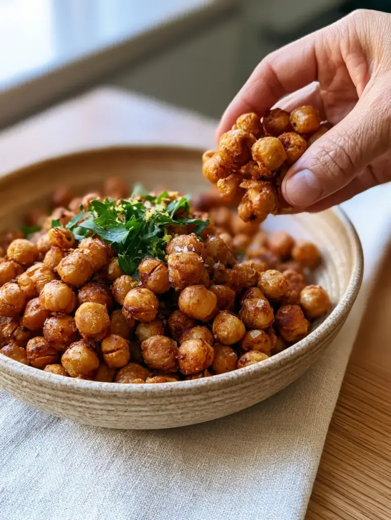 Crunchy Snack Recipe: Ultra-Crispy Roasted Chickpeas and Edamame 1 Close up photo of roasted chickpeas with parsley chiffonade and lemon zest flecks. (crunchy snack recipe)