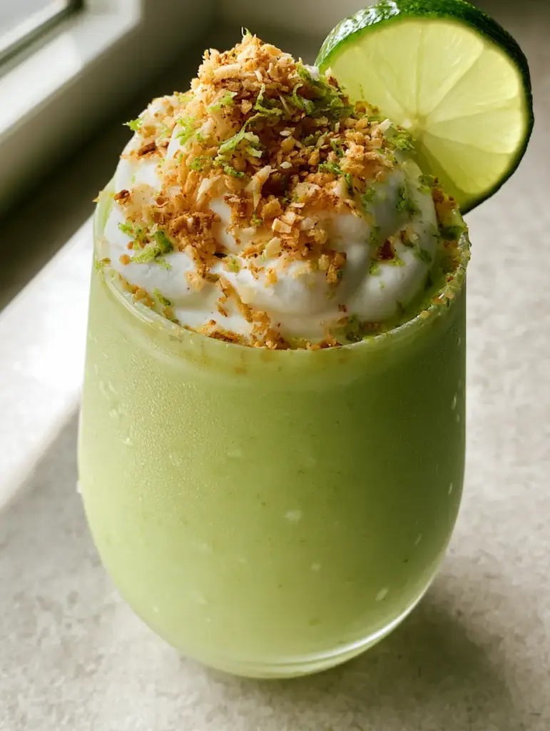 Coconut Key Lime Pie Smoothie: A Creamy Tropical Protein Shake 1 Close-up of toasted coconut and whipped cream on a coconut key lime pie smoothie.