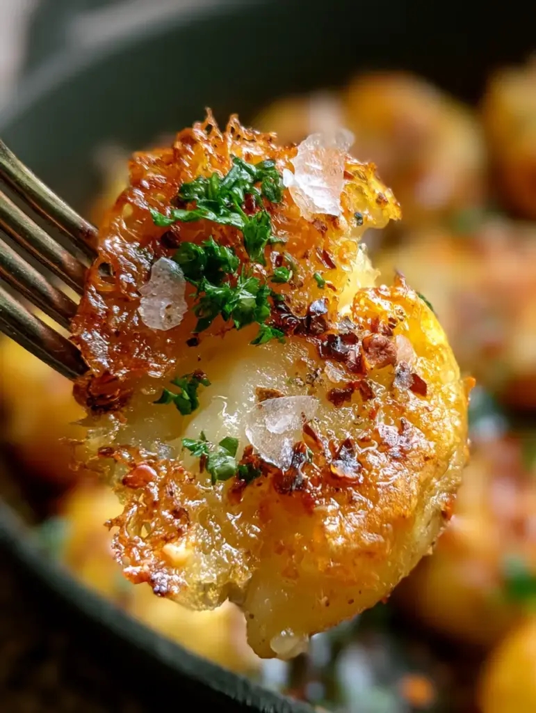 Potato Side Dishes: The Ultimate Crispy Garlic Parmesan Smashed Potatoes 1 Smashed gold potatoes searing in a dark cast iron skillet with toasted lacy parmesan cheese and vibrant parsley.
