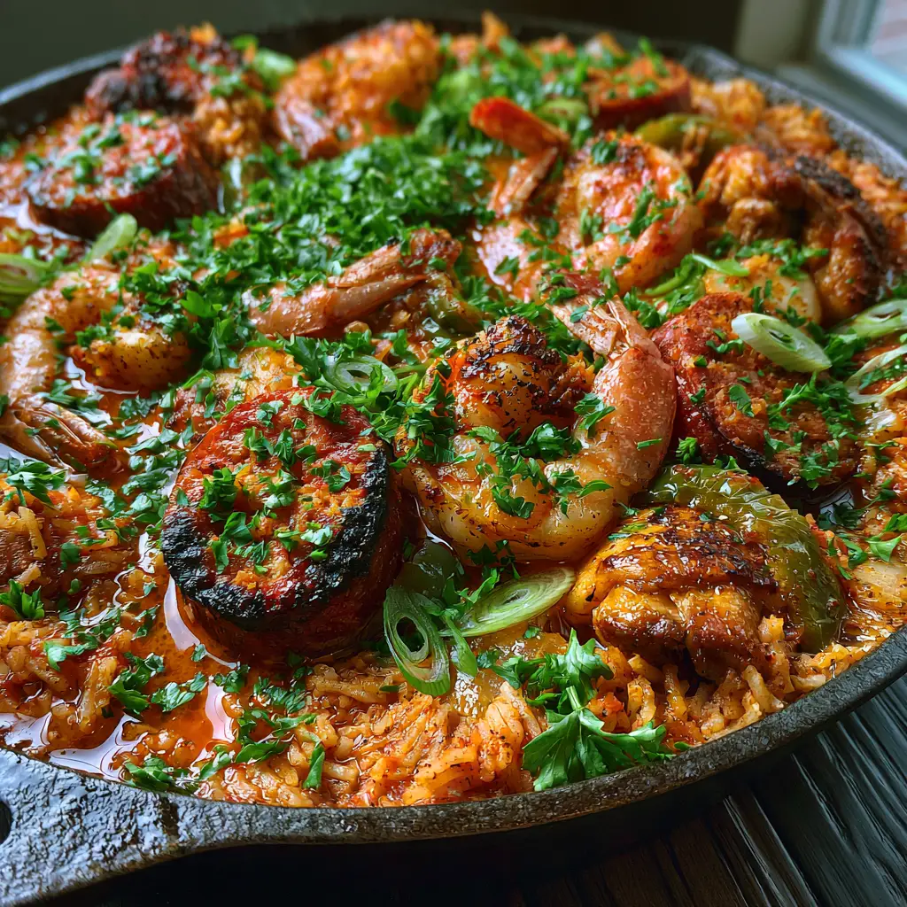 Jambalaya: The Ultimate One-Pot Creole Skillet with Seared Shrimp and Smoked Sausage 1 Close up of reddish-gold rice, charred andouille sausage, and seared shrimp in a cast iron skillet.