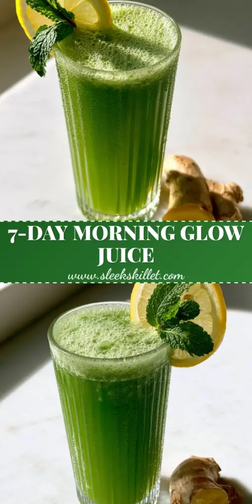 A tall ribbed glass filled with vibrant Green juice featuring micro-bubbles, a lemon wheel garnish, and mint sprig on a white marble counter.