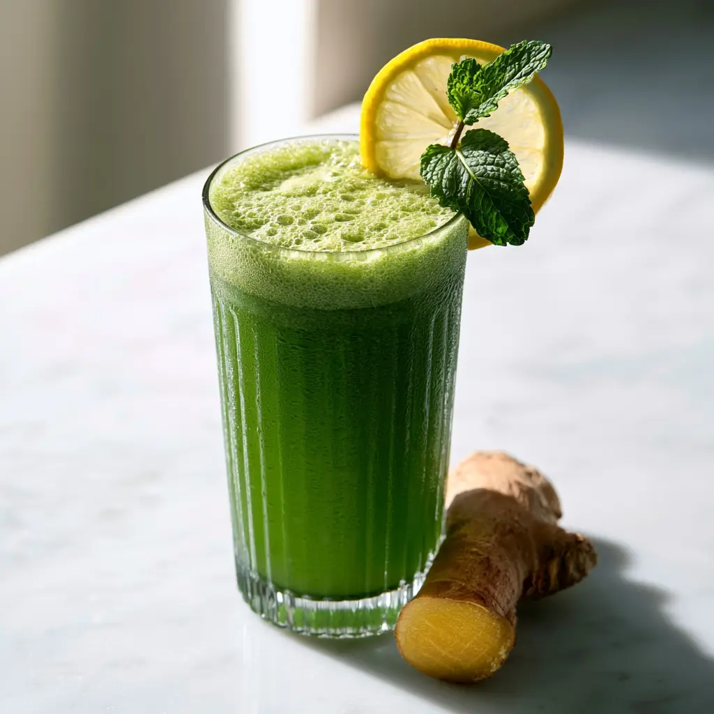 Close up of translucent emerald Green juice showing airy froth and cold condensation droplets on a ribbed glass.