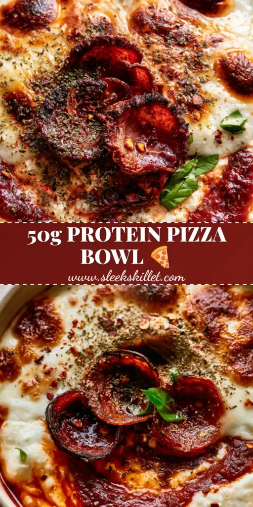 A close-up vertical shot of a Cottage Cheese Pizza Bowl with melted bubbly mozzarella, charred pepperoni slices, and fresh basil in a cream ceramic bowl.