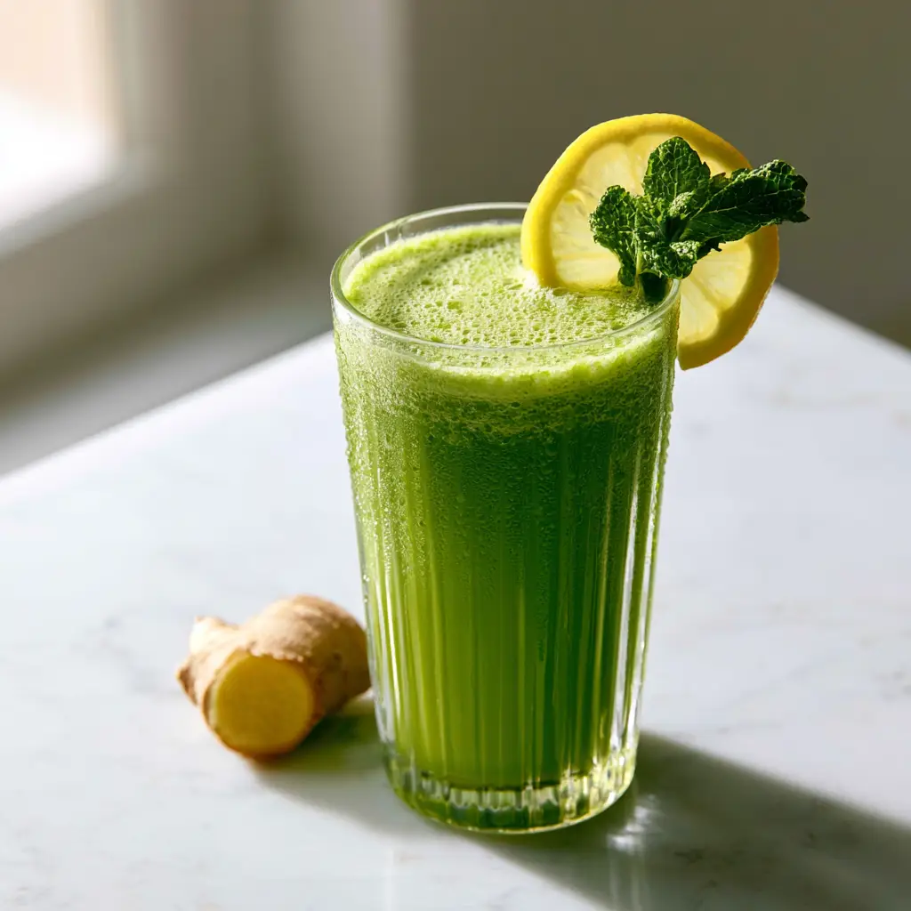 Green juice in a ribbed glass set on a marble countertop with soft morning light and a piece of fresh ginger.