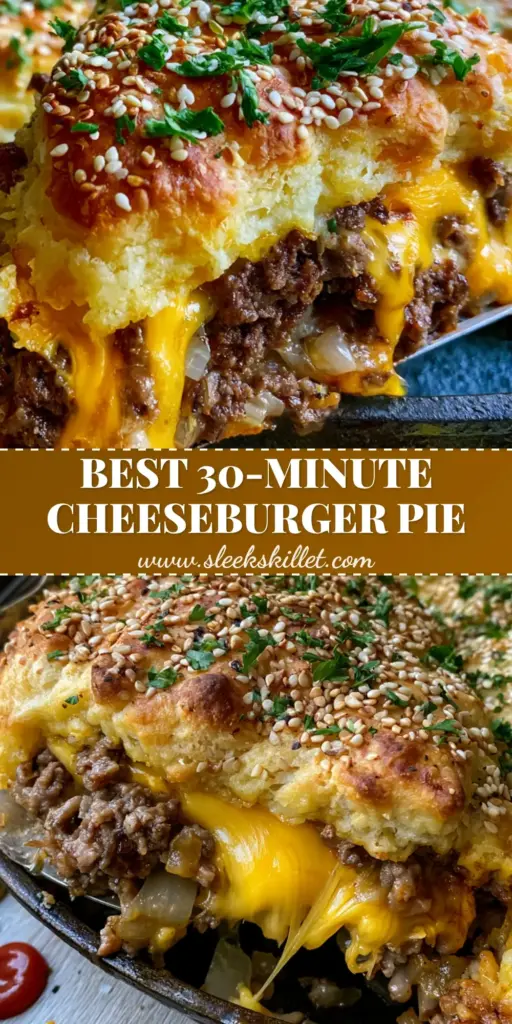Cheeseburger Pie with Flaky Biscuit Crust and Sesame Seeds 3 A high-angle photo of a cheeseburger pie in a cast iron skillet with a slice being lifted to reveal melted cheddar and beef.