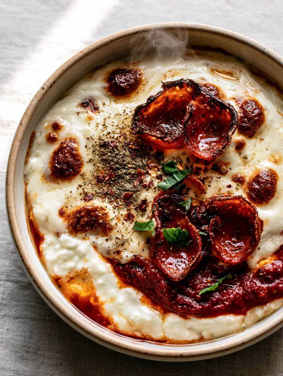 Top-down 45-degree angle shot of a Cottage Cheese Pizza Bowl showing the thick marinara swirl and crispy pepperoni edges.