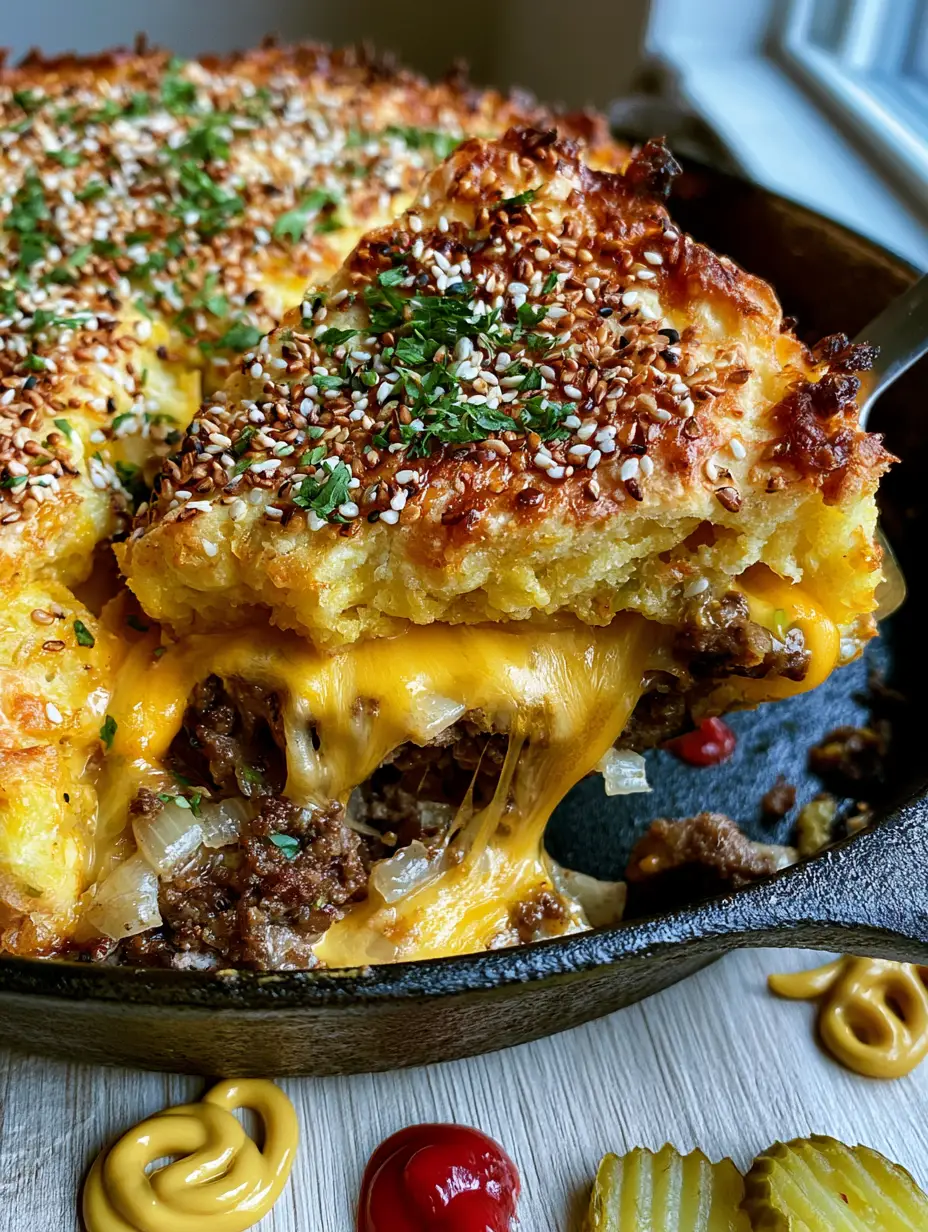 Cheeseburger Pie with Flaky Biscuit Crust and Sesame Seeds 4 Extreme food texture detail of a golden-brown ground beef cheeseburger pie with sesame seeds and parsley.