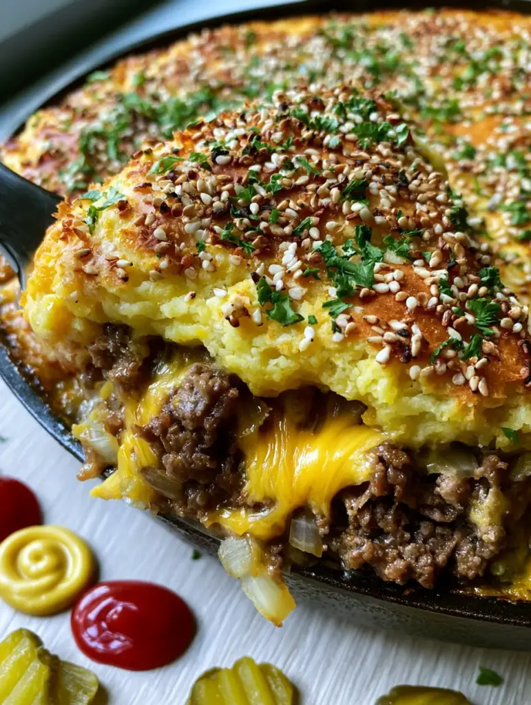 Cheeseburger Pie with Flaky Biscuit Crust and Sesame Seeds 1 A rustic cast iron skillet containing cheeseburger pie garnished with mustard swirls and pickles on a light wood background.