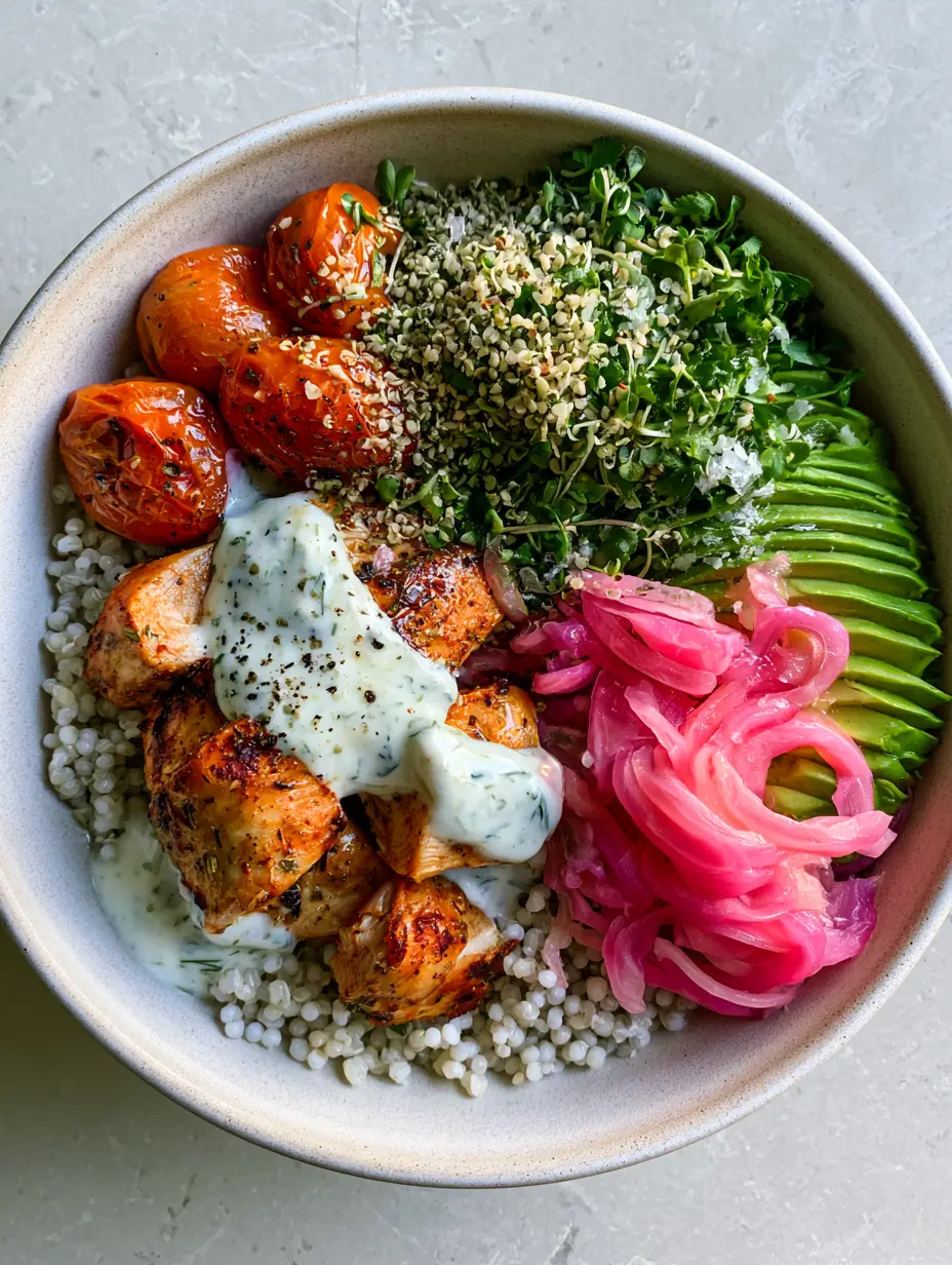 Healthy Bowl Recipes: The Ultimate Lemon-Herb Chicken and Quinoa Power Bowl 3 High-angle shot of a quinoa power bowl with char-marked chicken and tzatziki drizzle. (Healthy bowl recipes)