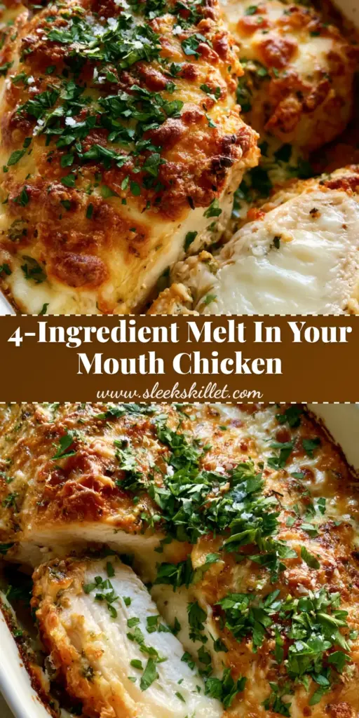 A ceramic dish of melt in your mouth chicken with a bubbly golden parmesan crust and fresh parsley garnish.