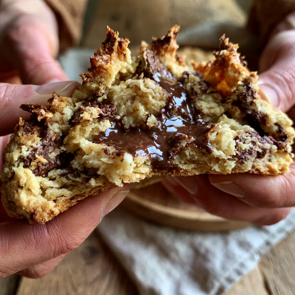Eye-level shot of freshly baked cookies on a rustic white oak farmhouse table with linen.