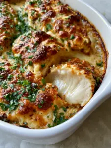 A high-angle photo showing thick chicken breasts coated in a heavy toasted cheese crust. (melt in your mouth chicken)
