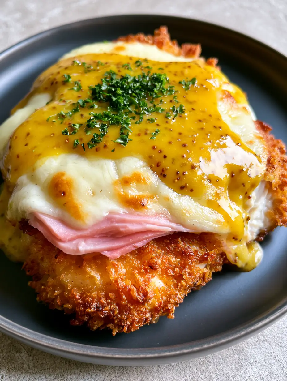Crispy Malibu Chicken with Thick Honey Mustard and Toasted Swiss 3 Close-up of golden-brown panko crust and bubbly Swiss cheese with toasted spots on crispy malibu chicken. (crispy malibu chicken)