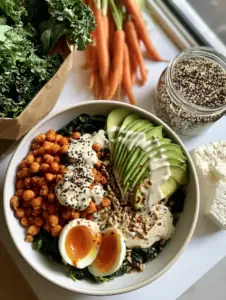 A spread of Healthy Foods on a white counter including kale, carrots, and a prepared quinoa bowl.