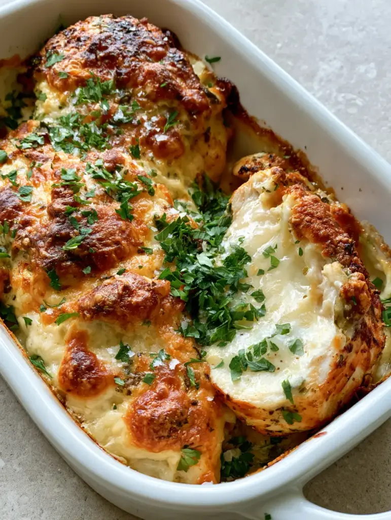 A sliced chicken breast revealing a glistening, steaming moist white center under a bubbly crust.
