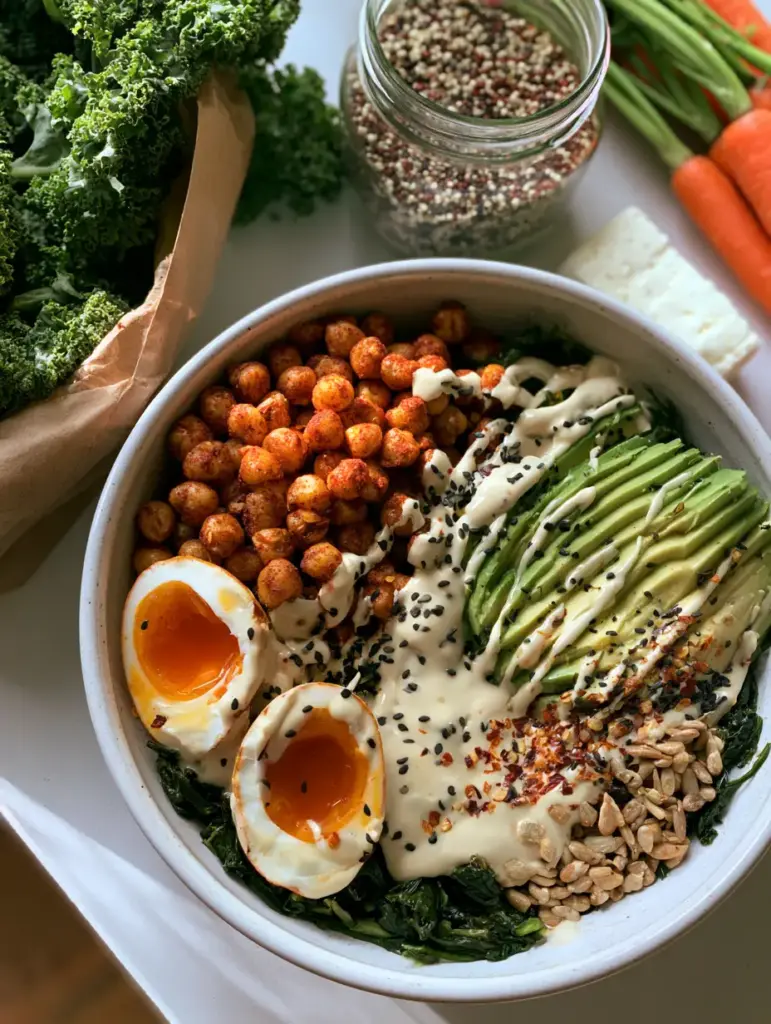 Healthy Foods: The Ultimate Mediterranean Kale and Quinoa Power Bowl 1 Close-up of a kale and quinoa bowl with avocado slices and lemon-tahini sauce. (Healthy Foods)