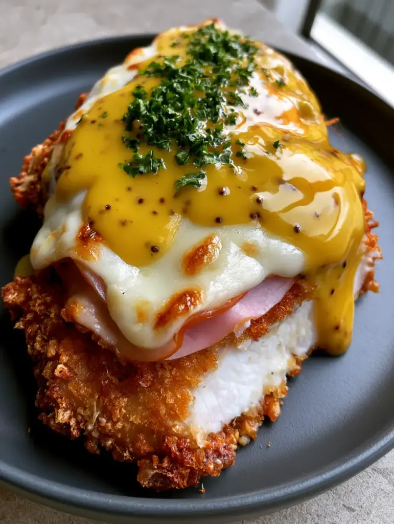 Crispy Malibu Chicken with Thick Honey Mustard and Toasted Swiss 1 Sliced crispy malibu chicken revealing a juicy white meat interior and thick honey mustard drizzle.