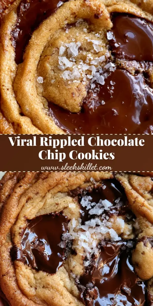 A giant, thin bakery-style cookie with deep concentric ripples, molten chocolate pools, and flaky sea salt crystals. (Rippled Chocolate Chip Cookies)
