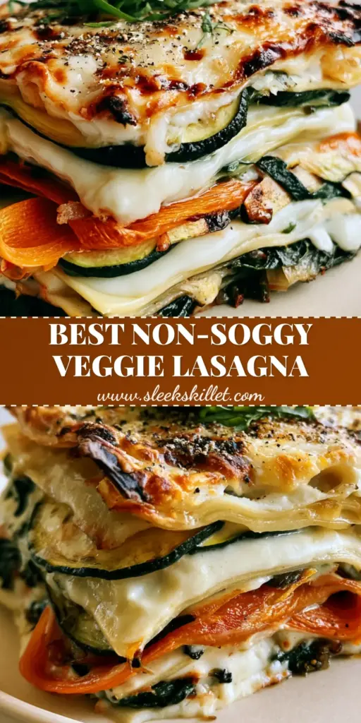 The Ultimate Vegetable Lasagna with Roasted Zucchini and Creamy Bechamel 3 A tall, perfectly upright slice of vegetable lasagna with visible roasted zucchini, carrot ribbons, and spinach layers on a matte plate. (vegetable lasagna)
