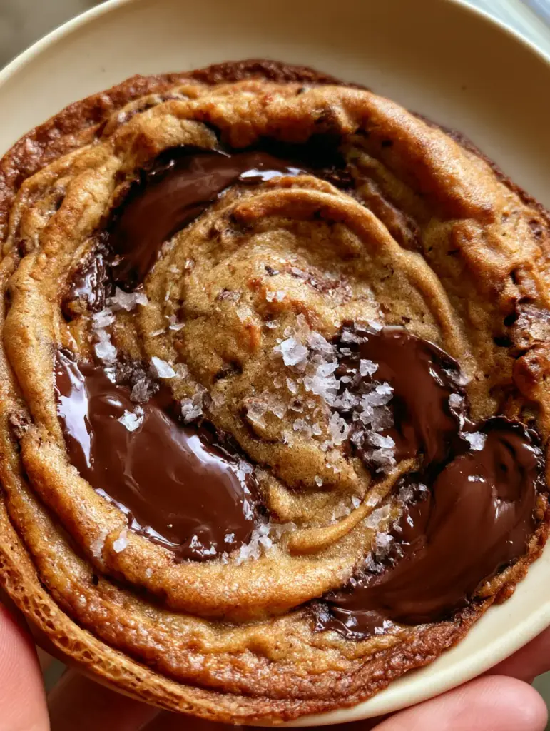 A hand holding a giant thin cookie with toffee-colored lacy edges and sunken molten chocolate craters. (Rippled Chocolate Chip Cookies)