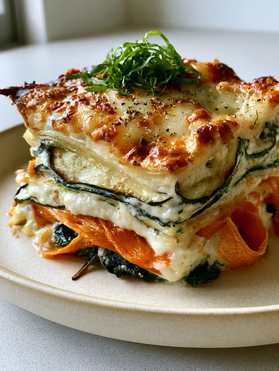 The Ultimate Vegetable Lasagna with Roasted Zucchini and Creamy Bechamel 4 Side profile of a vegetable lasagna showing thin pasta sheets and thick white bechamel sauce layers. (vegetable lasagna)