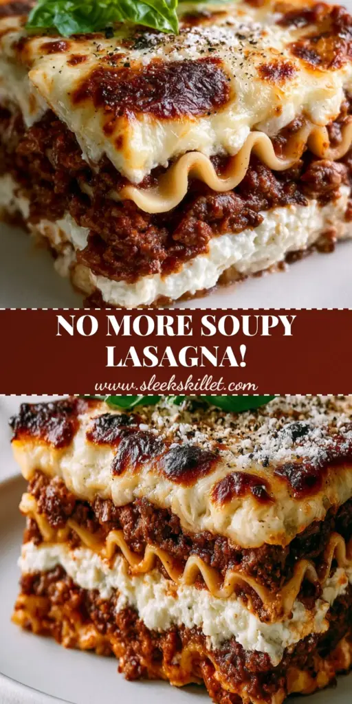 A close-up side profile of a single square slice of homemade lasagna with thick wavy noodles and a golden toasted cheese crust.