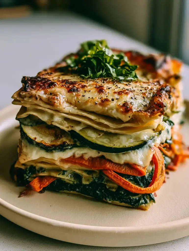 The Ultimate Vegetable Lasagna with Roasted Zucchini and Creamy Bechamel 1 Close up of the golden-brown parmesan and mozzarella crust on top of a vegetable lasagna garnished with basil chiffonade.