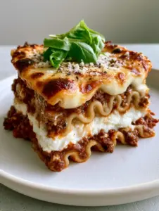 A side-profile view of lasagna layers showing creamy ricotta and rich bolognese meat sauce. (homemade lasagna)