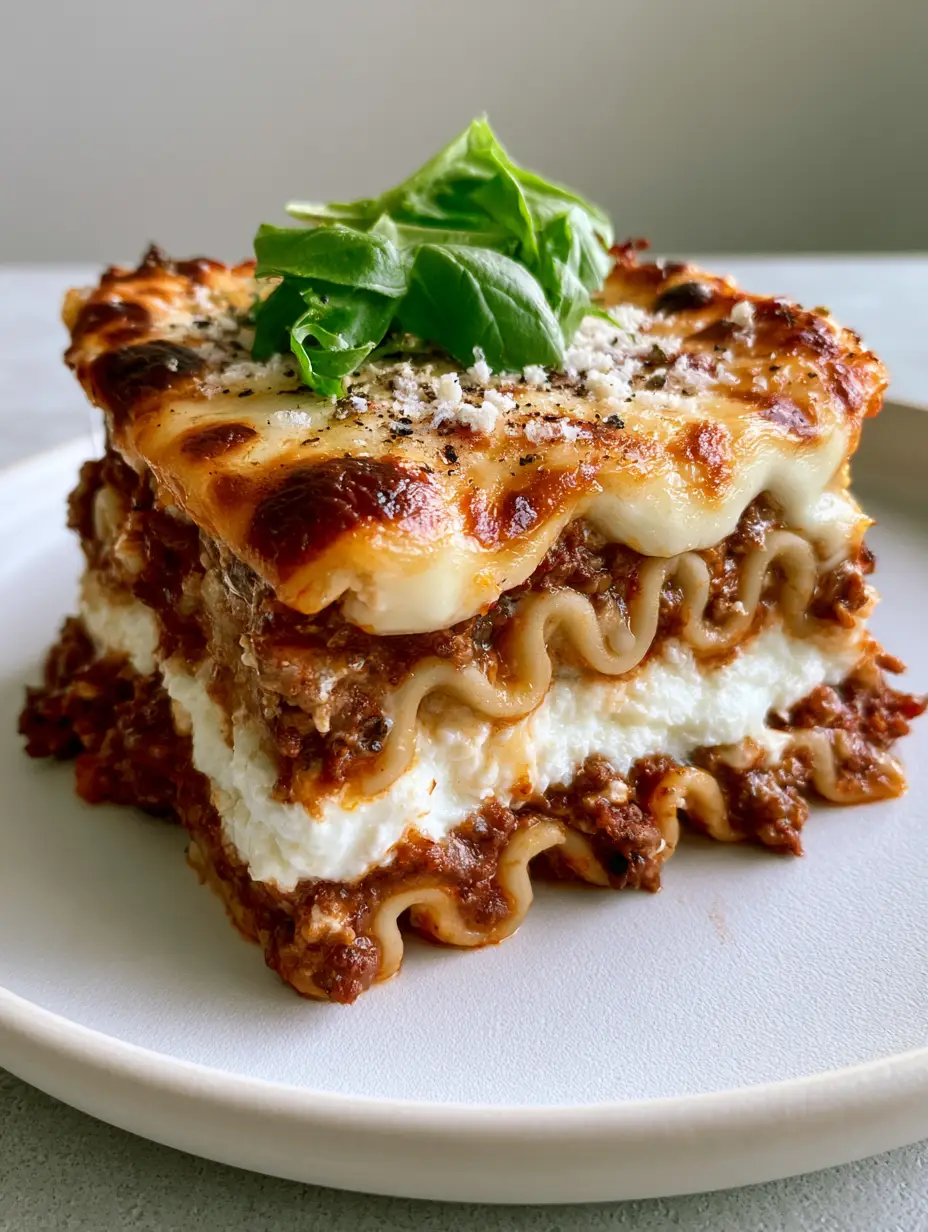 A side-profile view of lasagna layers showing creamy ricotta and rich bolognese meat sauce. (homemade lasagna)