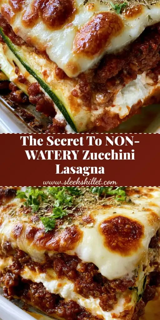 Zucchini Lasagna with Thick Beef Marinara and Bubbly Mozzarella 4 A thick square slice of zucchini lasagna with charred mozzarella and fresh parsley being lifted from a white dish. (zucchini lasagna)
