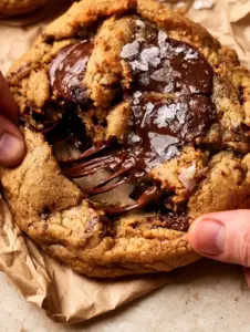 Macro shot of two hands pulling apart a thick cookie to reveal stretchy melted chocolate strands (homemade chocolate chip cookies recipe).