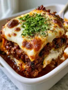 Extreme macro close-up of a zucchini lasagna slice with thick chunky beef sauce and roasted zucchini planks. (zucchini lasagna)