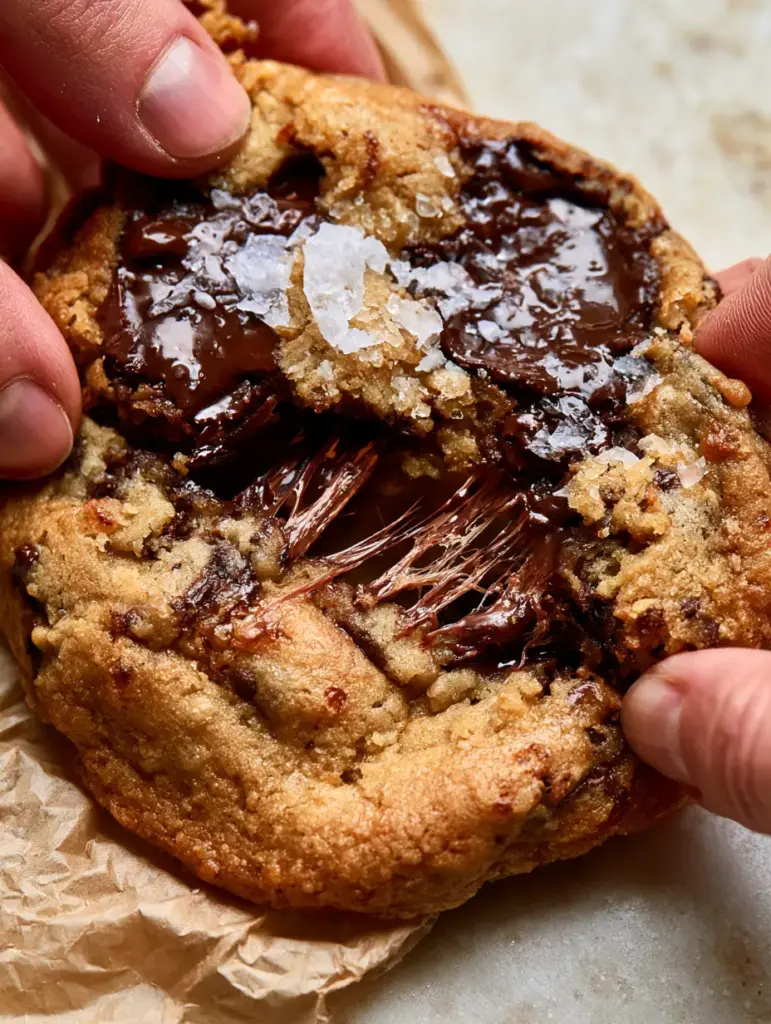 Overhead view of a craggy cookie surface with visible toasted brown butter flecks and large crystals of flakey Maldon sea salt.