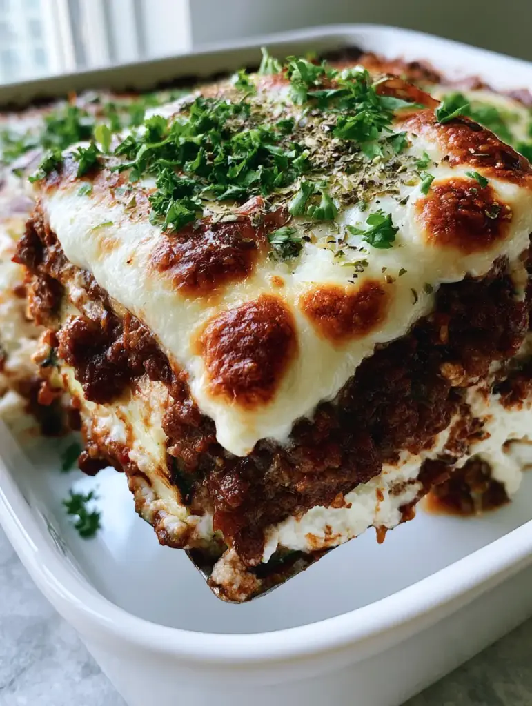 Zucchini Lasagna with Thick Beef Marinara and Bubbly Mozzarella 1 Overhead view of melted bubbly mozzarella with golden-brown patches and herb garnish on a zucchini lasagna.